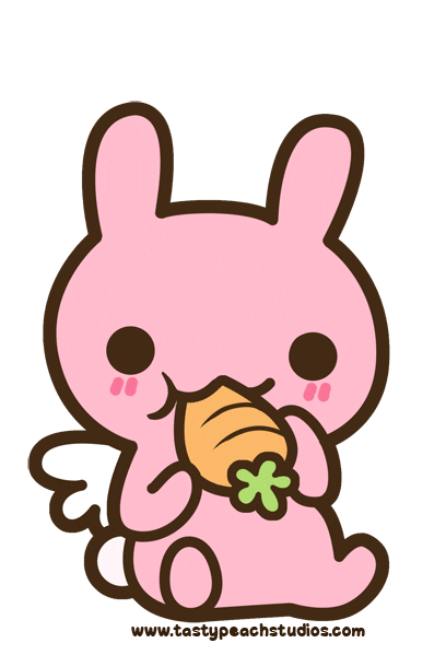 pink bunny with wings eating a carrot. from www.tastypeachstudios.com