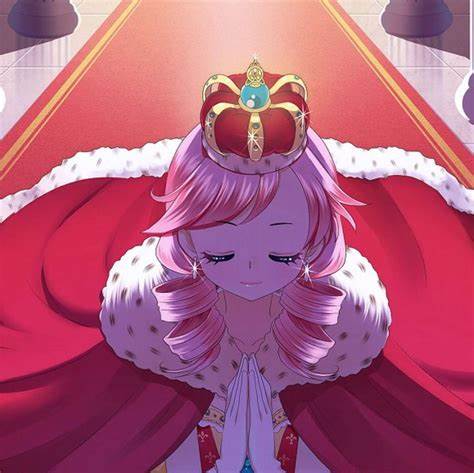 picture at the end of the game where Charlotte has become queen. A girl with pink hair wears a crown and royal regalia. She is kneeling with her eyes closed and she is smiling.